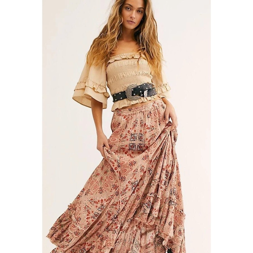 Free People FP One Cypress Printed Ruffle Maxi Skirt XS Ivory Boho Pull On